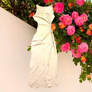 Minuet Petite Cream Ribbed Maxi Dress with Side Buttons